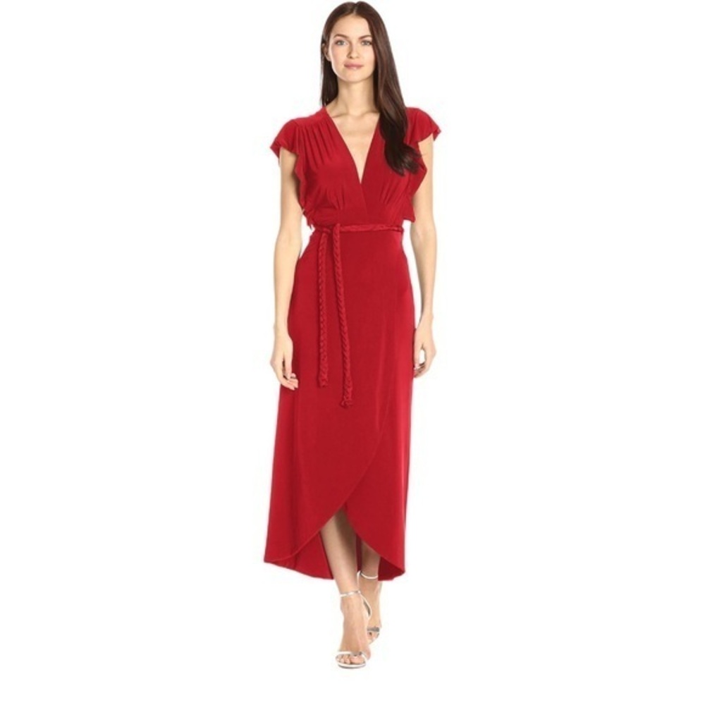 NEW MISA Los Angeles Irina Fluttered Sleeves Rope Belt Wrap Maxi Dress in Red